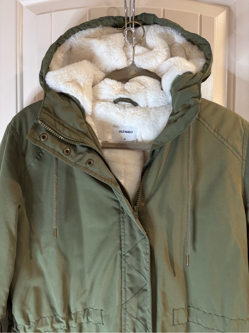 Old Navy Olive Green Hooded Puffer Coat with White Sherpa Lining - Picture 5 of 6